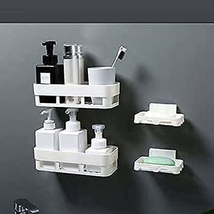 XML Bathroom Shelf Rack for Wall Mounted Bathroom Organizer Accessories Hardware and Storage Racks Self Adhesive Multipurpose Without Drilling Plastic (White, 2 Bathroom Shelf + 2 Soap Dish) - Image 2