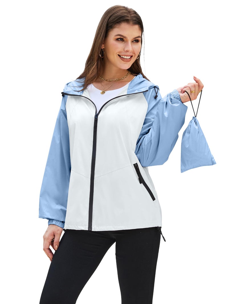PITINAN Rainjacket Women Waterproof Light Rain Jackets Womens Packable For Travel Womens Rain Coat Hooded Lightweight Raincoat Women Outdoor Trench Coat Light Blue White L - Image 1