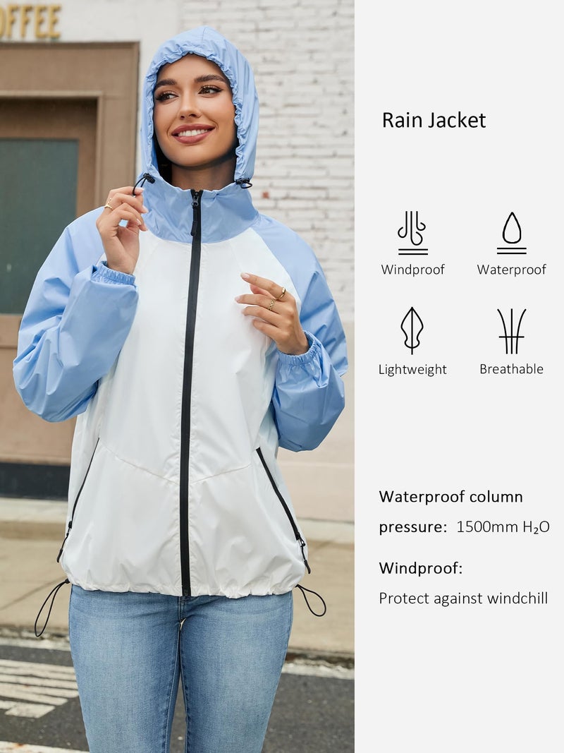 PITINAN Rainjacket Women Waterproof Light Rain Jackets Womens Packable For Travel Womens Rain Coat Hooded Lightweight Raincoat Women Outdoor Trench Coat Light Blue White L - Image 5