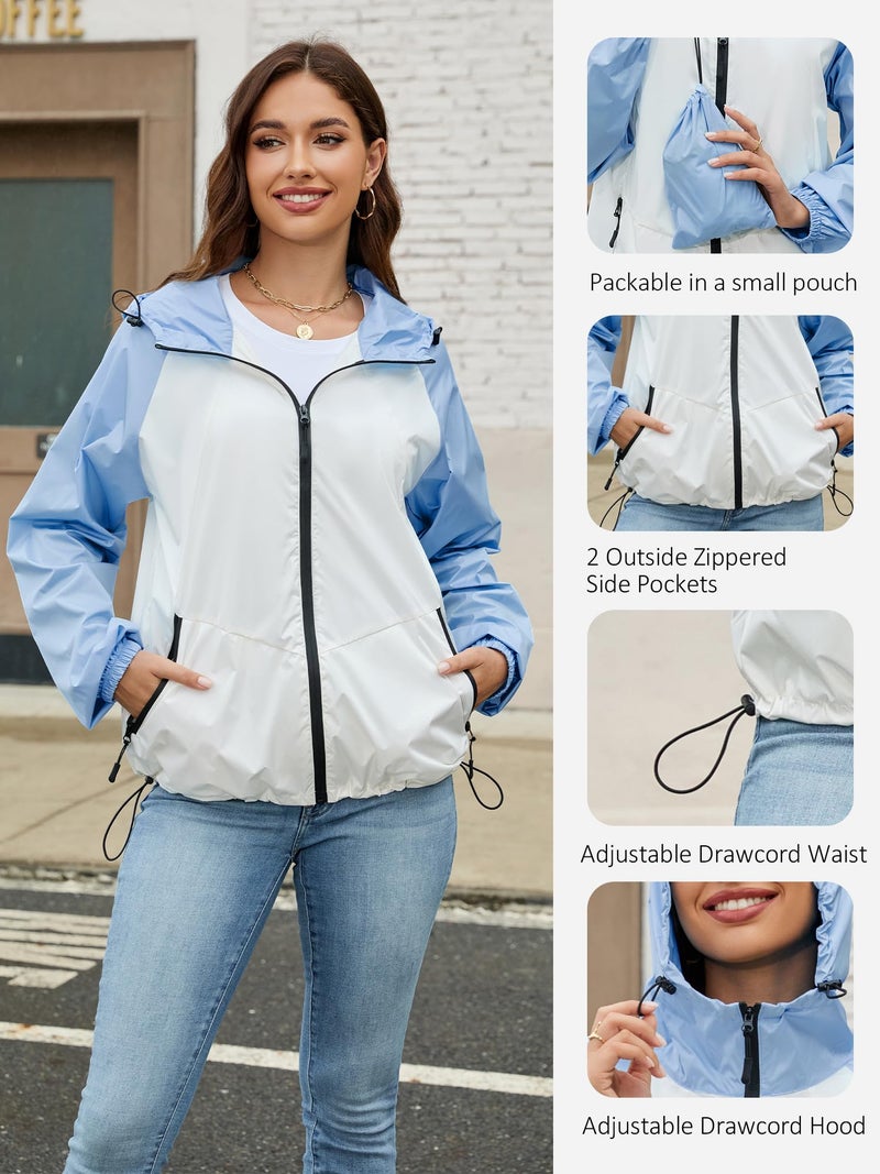PITINAN Rainjacket Women Waterproof Light Rain Jackets Womens Packable For Travel Womens Rain Coat Hooded Lightweight Raincoat Women Outdoor Trench Coat Light Blue White L - Image 4