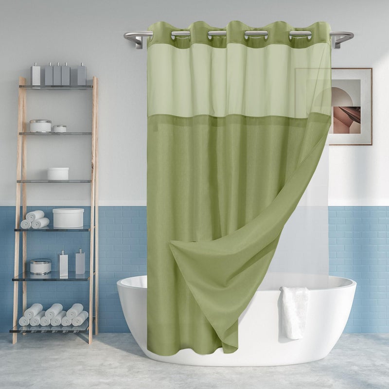 River Dream No Hook Slub Textured Shower Curtain with Snap-in PEVA Liner Set - 71" x 74"(72"), Hotel Style with See Through Top Window, Fabric Outer Curtain & Waterproof Inner Liner, Sage, 71x74 - Image 1