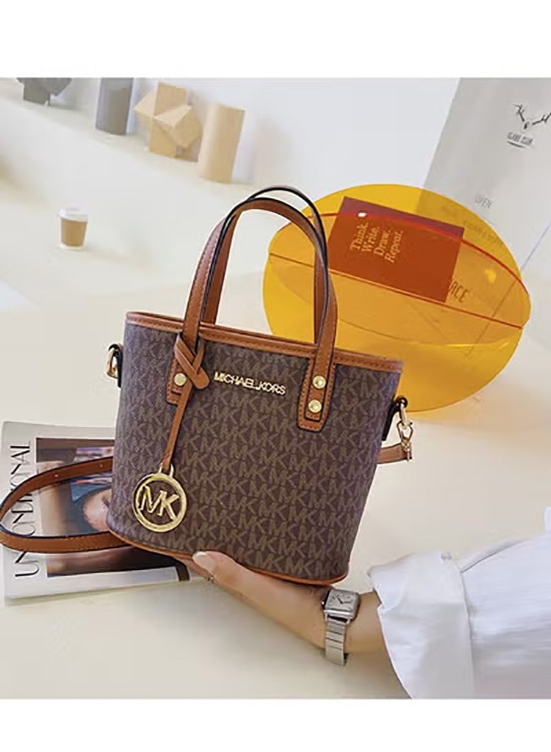 MK Monogram Printed Bucket Bag, Vintage Brown Toned Top Handle Crossbody Bag