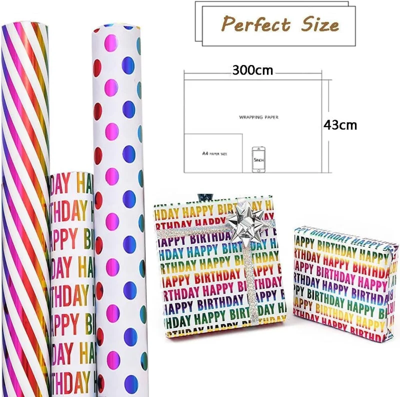 كويزيرا Rainbow Gift Wrapping Paper Rolls – 9 Meters | 3 Vibrant Designs – Happy Birthday, Polka Dots & Stripes