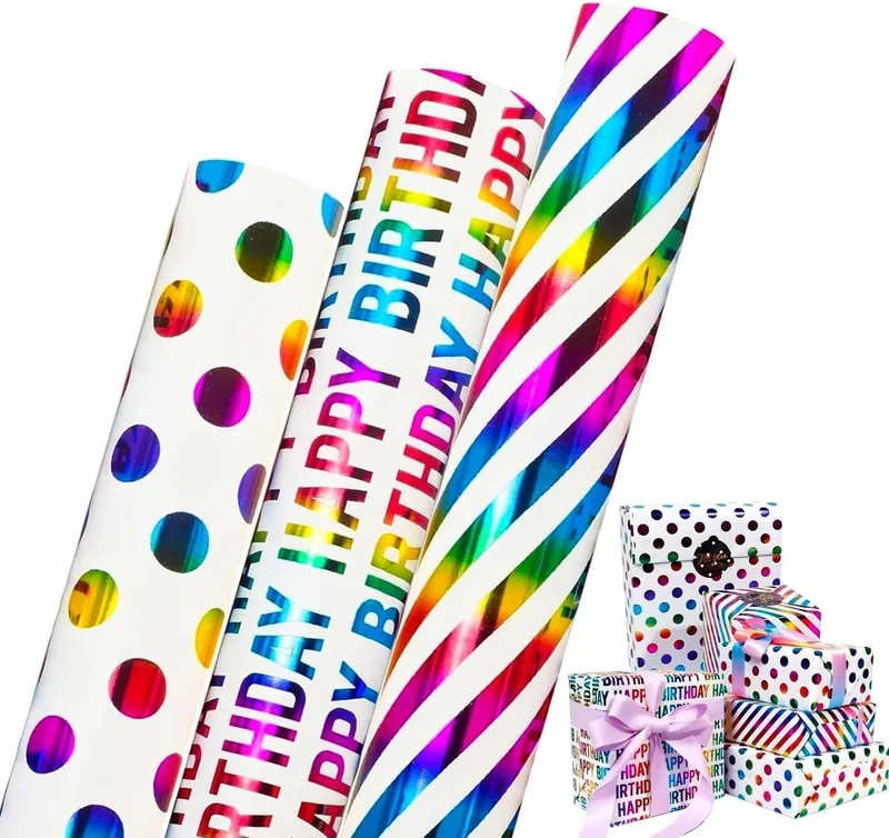 كويزيرا Rainbow Gift Wrapping Paper Rolls – 9 Meters | 3 Vibrant Designs – Happy Birthday, Polka Dots & Stripes