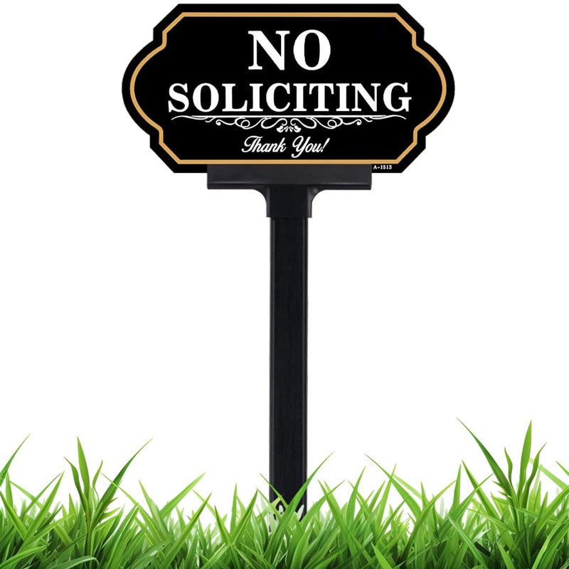 DXSIGN No Soliciting Sign for House with Stake - 40-mil Thick Aluminum - 5x10 Inch/37 Inch High - Adjustable Height - Outdoor Yard Sign for Home and Front Door (A1513) - Image 1