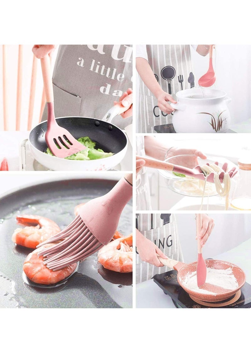 Kitchen set 12 Pcs Silicone Cooking Kitchen Utensils Set Arabest Heat Resistant Wooden Handles Cooking Tool BPA Free Non Toxic Silicone Turner Tongs Spatula Spoon Kitchen Gadgets Set for Nonstick Cookware pink - Image 4