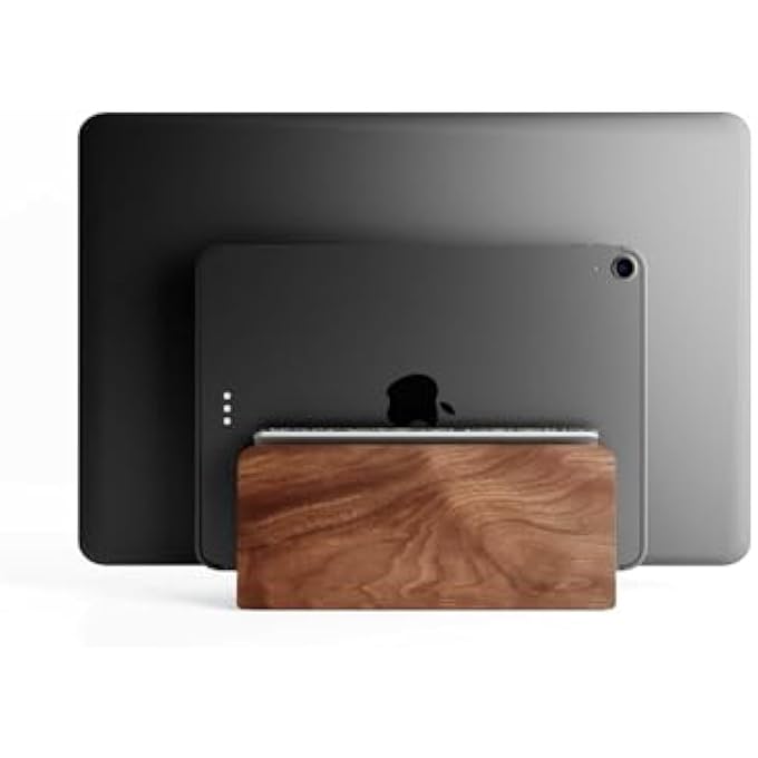 rayihni VERTICAL LAPTOP STAND ADJUSTABLE PREMIUM WALNUT WOOD DOCK CLAMSHELL STAND MACBOOK HOLDER FOR DESK - WALNUT WOOD | DUAL SLOT - Image 1