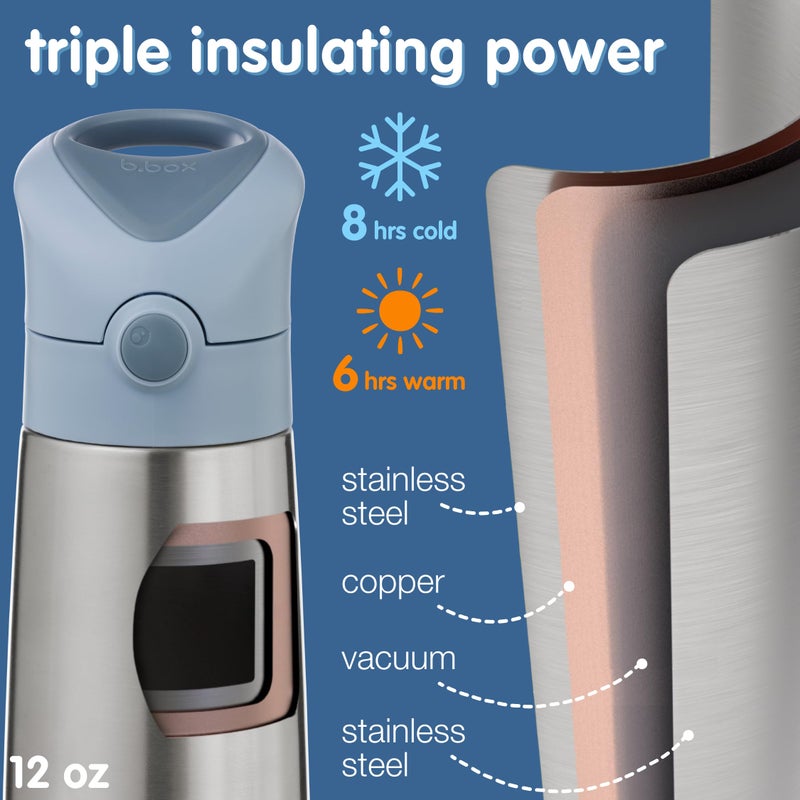 b.box 12 oz Insulated Water Bottle: Keeps Drinks Cold up to 8 Hours, Warm up to 6 Hours. Triple Wall Stainless Steel Kids Water Bottle w/Free Flow Silicone Straw Top. Leakproof & Dishwasher Safe - Image 4
