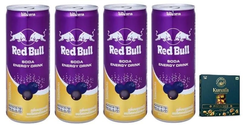 Red Bull Energy Drink, Blueberry, Blackcurrant Flavor, Limited Editin, 250ml Cans, X Pack of 4 (From Thailand) Get Free Flavourito Kunafa Chocolate 20g From DECADENT FOODS - Image 1