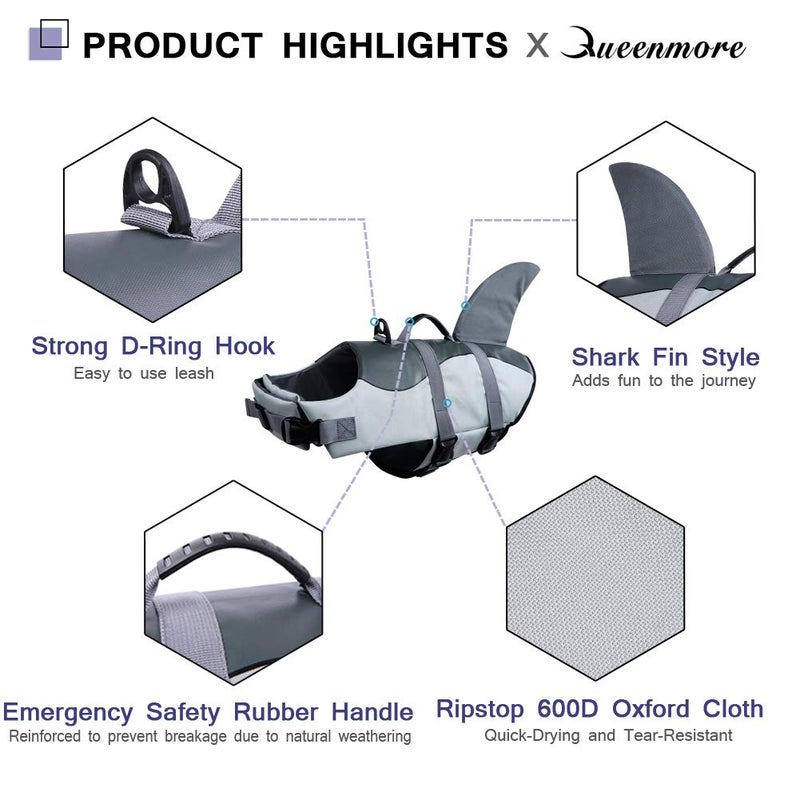 Queenmore Dog Life Jacket Ripstop Dog Safety Vest Adjustable Preserver with High Buoyancy and Durable Rescue Handle for Small,Medium,Large Dogs, Grey Shark Medium - Image 3