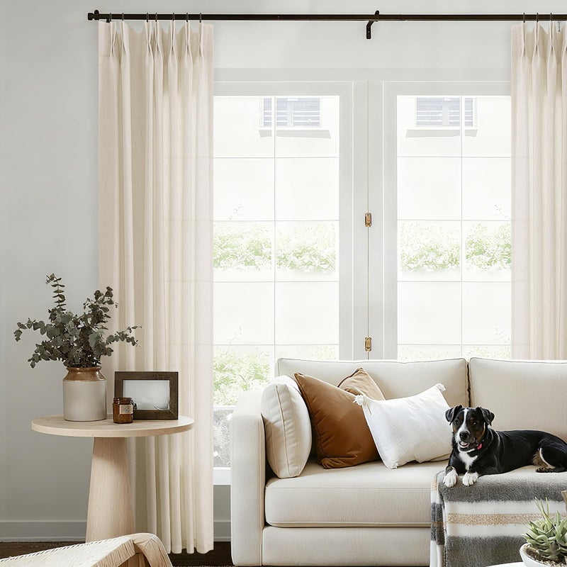 DUKIYO Pinch Pleated Linen Curtains 108 Inches Long for Living Dining Room with Hooks Rings Back Tab Pinch Pleat Drapes Floor to Ceiling Cream Beige Curtain Light Filtering 108 Inch Length for Bedroom 9FT - Image 1