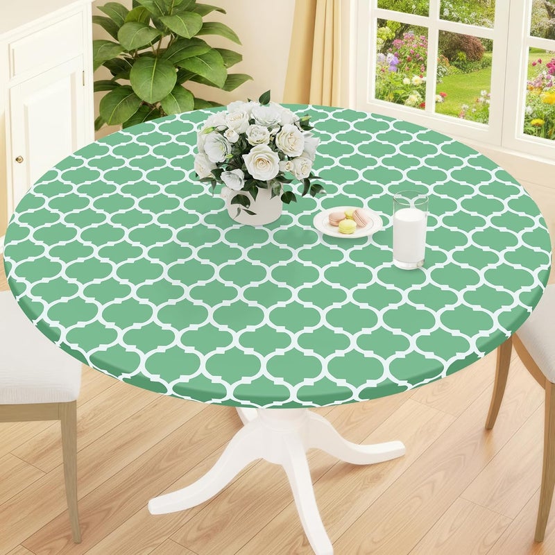 smiry Round Picnic Tablecloth, Waterproof Elastic Fitted Table Covers for 36" - 44" Tables, Wipeable Flannel Backed Vinyl Tablecloths for Camping, Indoor, Outdoor, Sage Green & White - Image 1