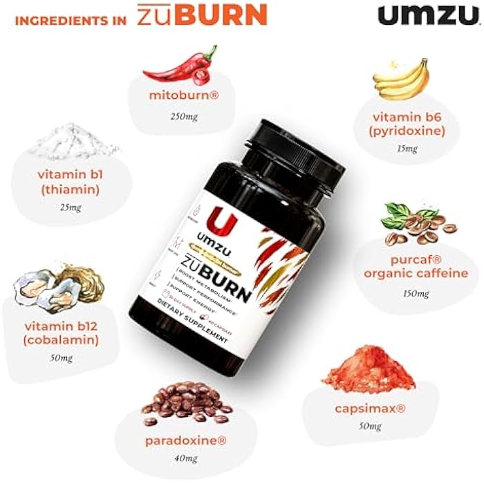 UMZU مكمل دعم الطاقة UMZU ZuBurn - إمداد لمدة 30 يومًا - كافيين، ميتوبورن، كابسيمكس، حبوب الجنة، B6 و B12 - يدعم الطاقة اليومية والتركيز ونمط الحياة النشط - cGMP، تم تجميعه في الولايات المتحدة - Image 4