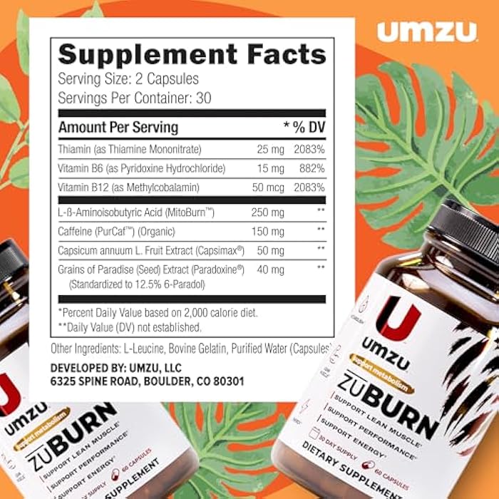 UMZU مكمل دعم الطاقة UMZU ZuBurn - إمداد لمدة 30 يومًا - كافيين، ميتوبورن، كابسيمكس، حبوب الجنة، B6 و B12 - يدعم الطاقة اليومية والتركيز ونمط الحياة النشط - cGMP، تم تجميعه في الولايات المتحدة - Image 4