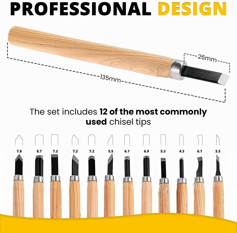 URBAN BOX 12pcs Professional Wood Carving Chisel Set, Carbon Steel Woodworking Chisels, Power Grip Carving Tools Great for Beginners & Kids - Image 4