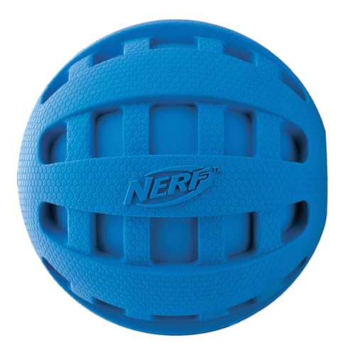 Nerf Dog Rubber Ball Dog Toy with Checkered Squeaker Lightweight Durable and Water Resistant 4 Inch Diameter for MediumLarge Breeds Single Unit Blue - Image 1