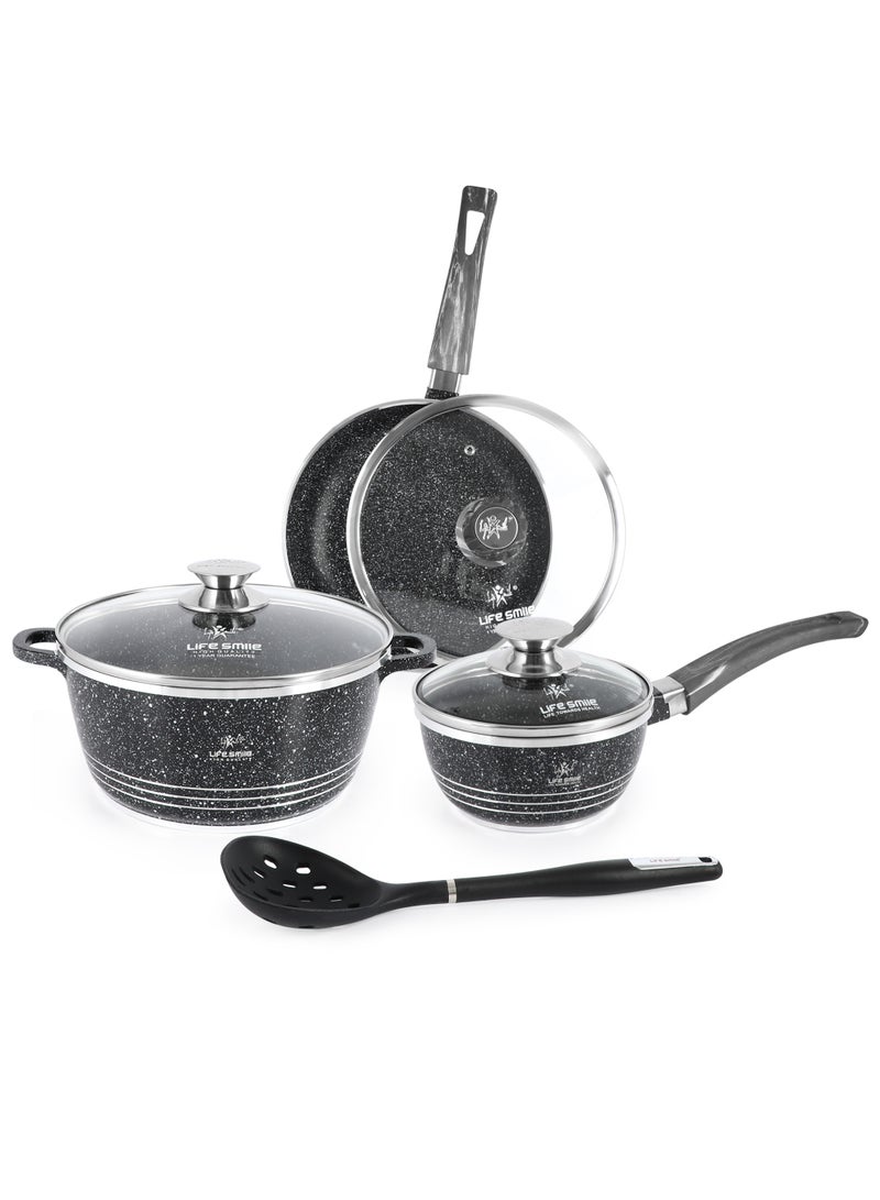 Life Smile 7-Piece Nonstick Granite Cookware Set – Premium Cookwares, Pots and Pans with Lids | Includes 24cm Soup Pot (4.1L), 24cm Frying Pan (1.6L), 16cm Sauce Pan (1.3L) & 1pc Skimmer Tool - Image 1