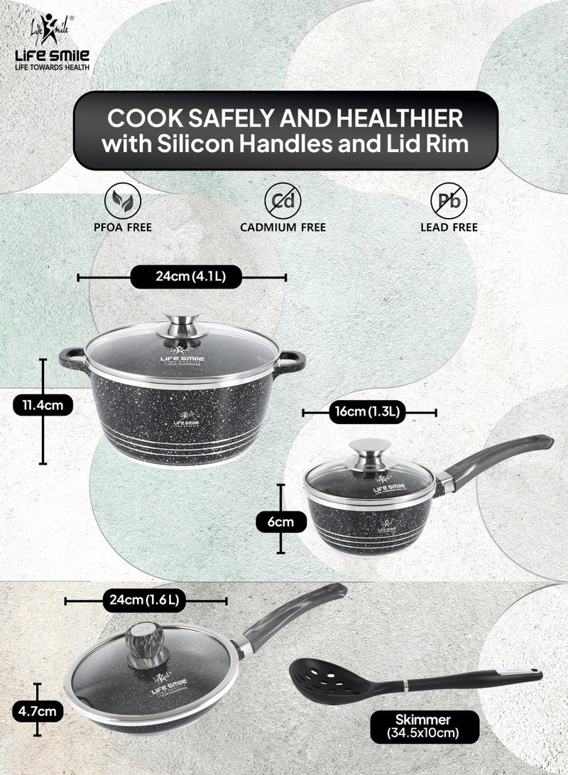 Life Smile 7-Piece Nonstick Granite Cookware Set – Premium Cookwares, Pots and Pans with Lids | Includes 24cm Soup Pot (4.1L), 24cm Frying Pan (1.6L), 16cm Sauce Pan (1.3L) & 1pc Skimmer Tool - Image 3