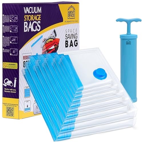 ABOUT SPACE Vacuum Compression Bags (10 Pack) with Hand Pump | 2-XJumbo/2Jumbo/2L/2M/2S Zip Seal Storage Bags | Heavy-Duty Airtight Reusable Space Saver Luggage Organizer-Blue- Polyamide Polyethylene - Image 1