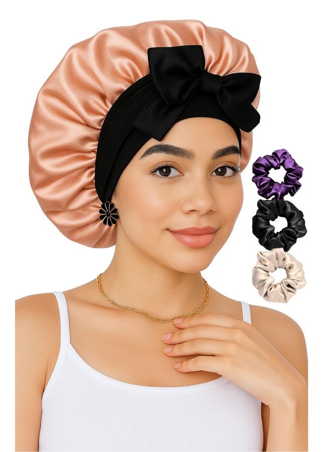 Atrube Silk Bonnet for Hair with 3 Scrunchies, Adjustable Silk Hair Cap for Sleeping, Satin Bonnet for Curly Hair with Wide Elastic Tie Band (Cream) - Image 1