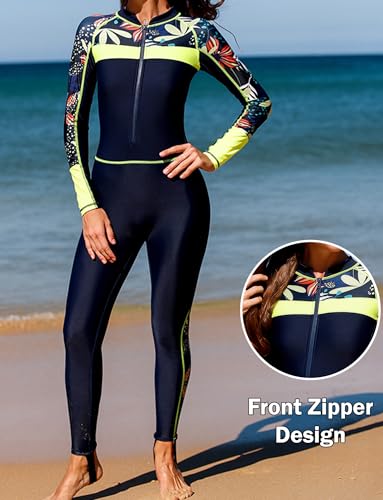 FEOYA Full Body Swimsuit Women One Piece Diving Suit 50+ UPF UV Sun Protection Rash Guard Long Sleeve Sunscreen Swimsuit for Surfing Swimming Snorkeling Canoeing Blue Yellow XX-Large - Image 4