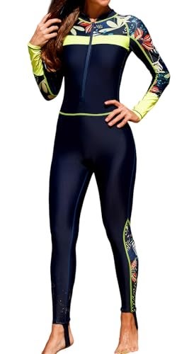 FEOYA Full Body Swimsuit Women One Piece Diving Suit 50+ UPF UV Sun Protection Rash Guard Long Sleeve Sunscreen Swimsuit for Surfing Swimming Snorkeling Canoeing Blue Yellow XX-Large - Image 1