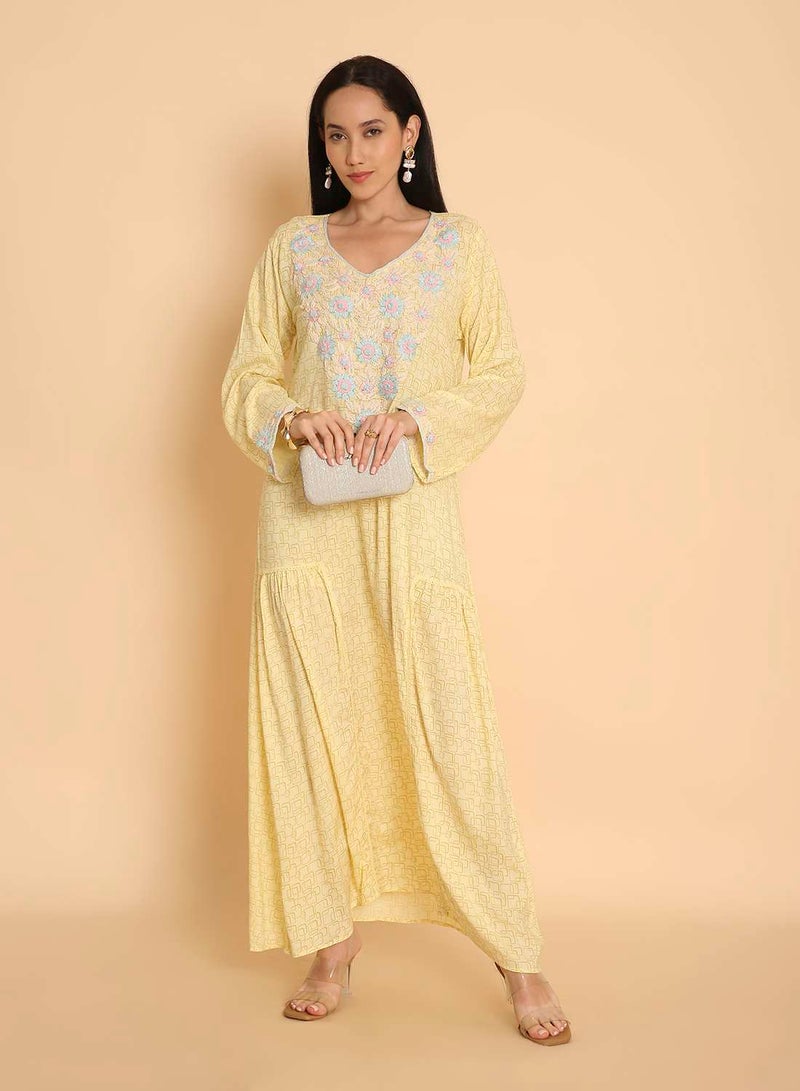 HANA & SARA Hand printed  long arabic kaftan jalabiya dress with high end embroidery design - Image 1