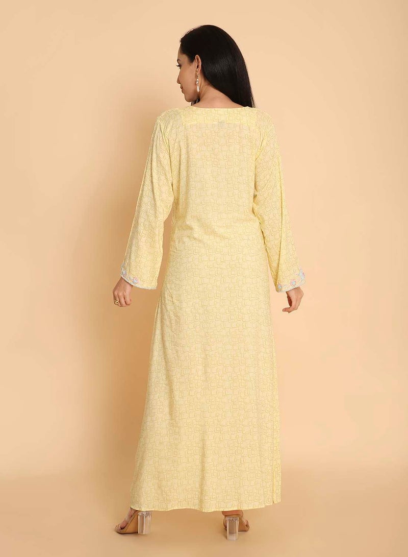 HANA & SARA Hand printed  long arabic kaftan jalabiya dress with high end embroidery design - Image 2