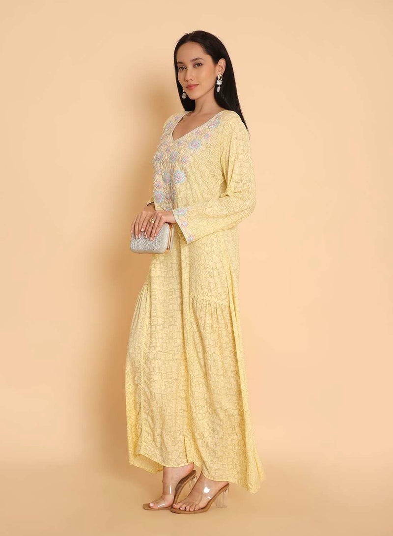 HANA & SARA Hand printed  long arabic kaftan jalabiya dress with high end embroidery design - Image 4