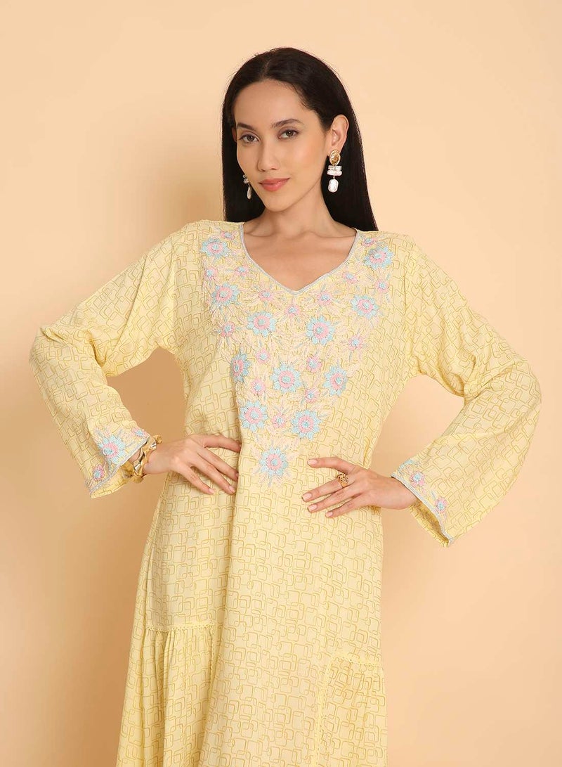 HANA & SARA Hand printed  long arabic kaftan jalabiya dress with high end embroidery design - Image 3