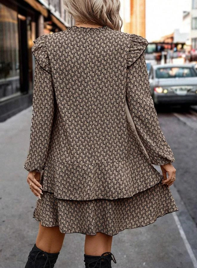 تايك تو Women's Allover Printed Tie-up Neck Ruffle Detail Long Sleeve Midi Dress