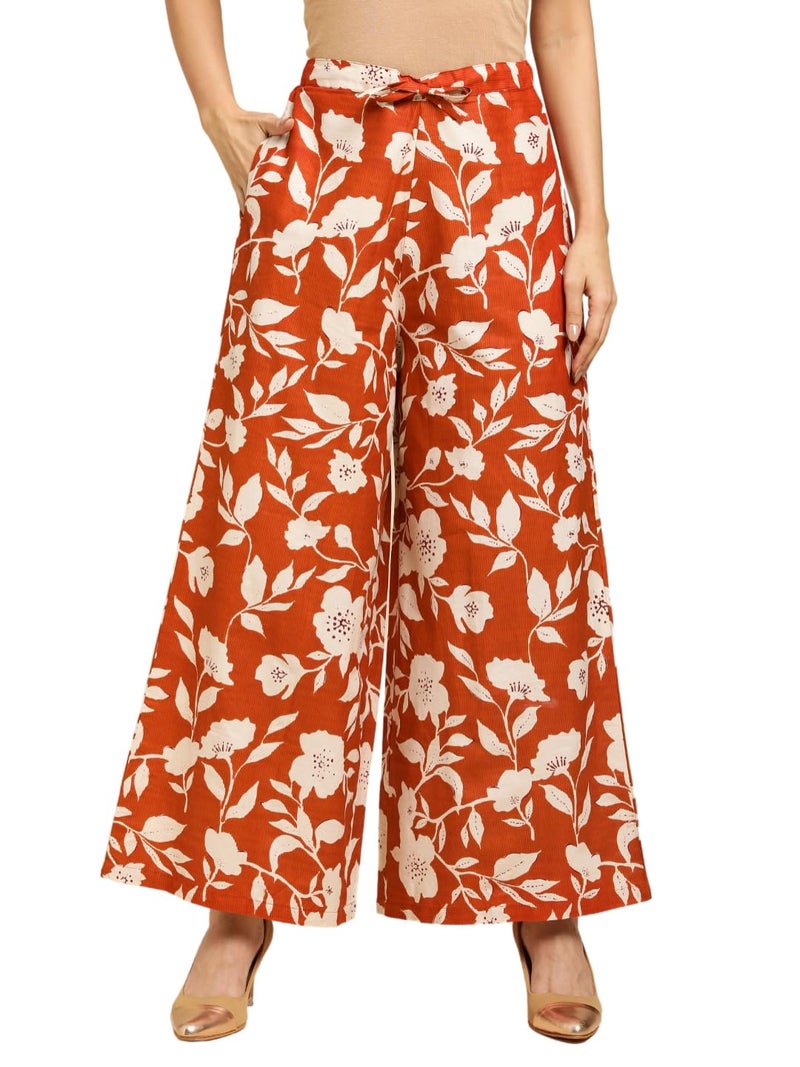 RATAN Women's Cotton Mid Rise Printed Loose Fit Flared Wide Leg Palazzo Pants (CFP-Rust-Large) - Image 1