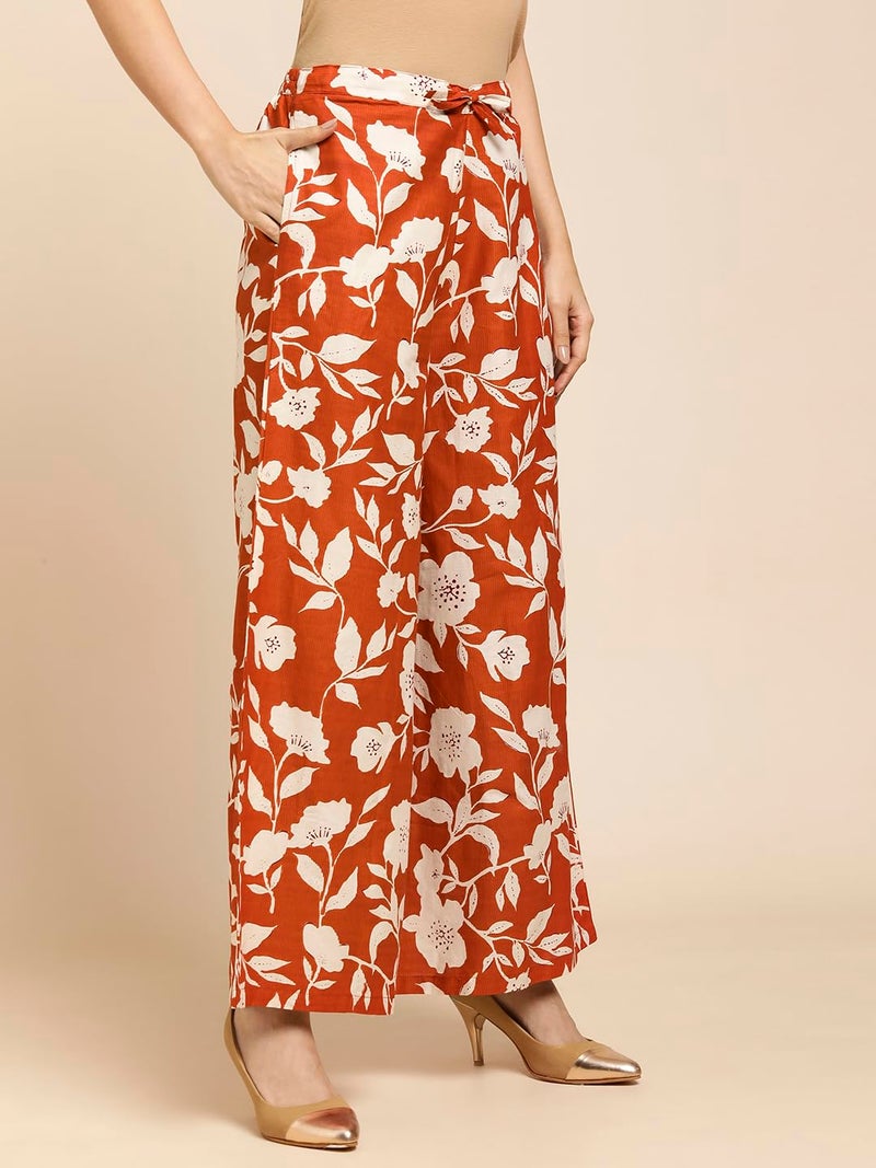 RATAN Women's Cotton Mid Rise Printed Loose Fit Flared Wide Leg Palazzo Pants (CFP-Rust-Large) - Image 5