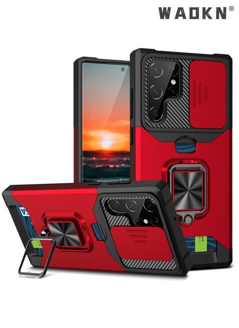 For Samsung Galaxy S24 Ultra Case with Card Holder,rojarou for Sumsung S24 Ultra Case with Slide Camera Cover and 360° Rotate Ring Kickstand Heavy Duty Protective Phone Case for S24 Ultra Cover-red