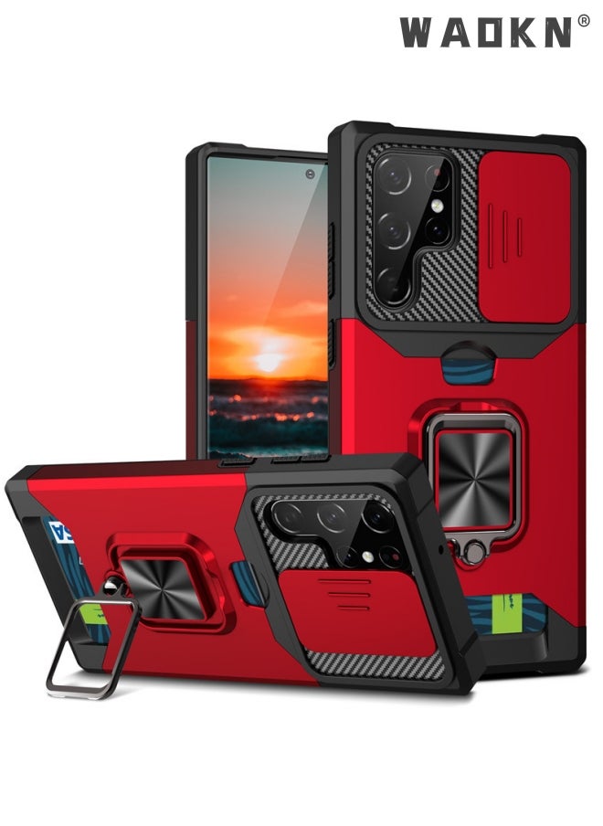 WAOKN - For Samsung Galaxy S24 Ultra Case with Card Holder,rojarou for Sumsung S24 Ultra Case with Slide Camera Cover and 360° Rotate Ring Kickstand Heavy Duty Protective Phone Case for S24 Ultra Cover-red - Image 1