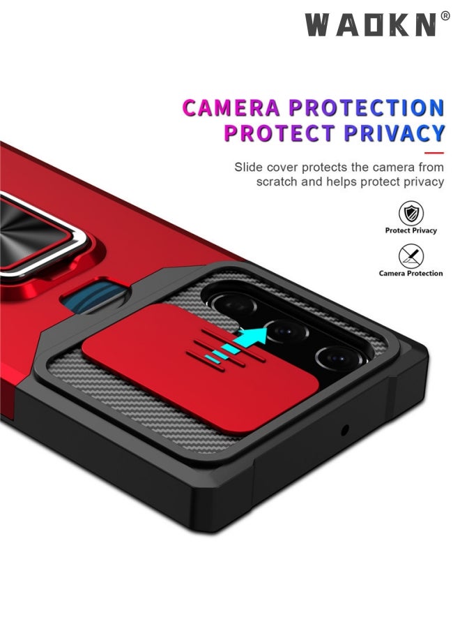 WAOKN - For Samsung Galaxy S24 Ultra Case with Card Holder,rojarou for Sumsung S24 Ultra Case with Slide Camera Cover and 360° Rotate Ring Kickstand Heavy Duty Protective Phone Case for S24 Ultra Cover-red - Image 1