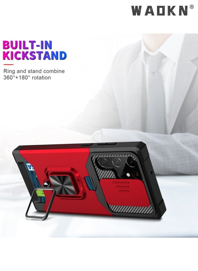 WAOKN - For Samsung Galaxy S24 Ultra Case with Card Holder,rojarou for Sumsung S24 Ultra Case with Slide Camera Cover and 360° Rotate Ring Kickstand Heavy Duty Protective Phone Case for S24 Ultra Cover-red - Image 1