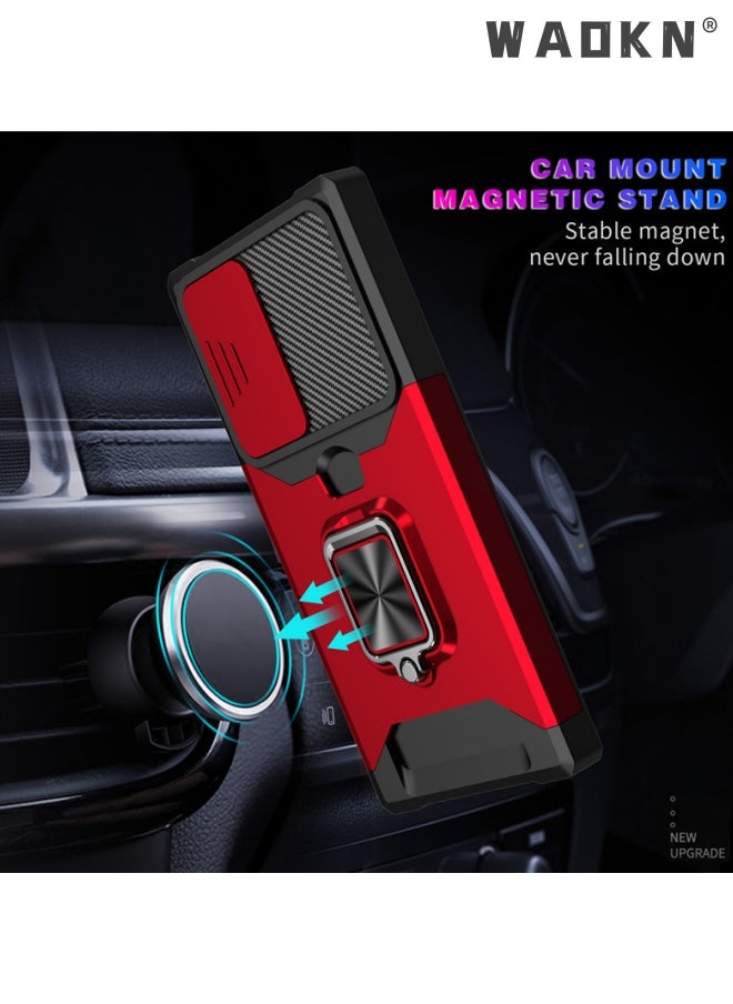 WAOKN - For Samsung Galaxy S24 Ultra Case with Card Holder,rojarou for Sumsung S24 Ultra Case with Slide Camera Cover and 360° Rotate Ring Kickstand Heavy Duty Protective Phone Case for S24 Ultra Cover-red - Image 1