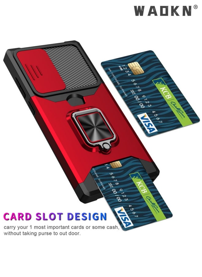 WAOKN - For Samsung Galaxy S24 Ultra Case with Card Holder,rojarou for Sumsung S24 Ultra Case with Slide Camera Cover and 360° Rotate Ring Kickstand Heavy Duty Protective Phone Case for S24 Ultra Cover-red - Image 1
