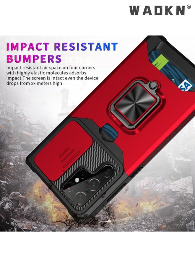 WAOKN - For Samsung Galaxy S24 Ultra Case with Card Holder,rojarou for Sumsung S24 Ultra Case with Slide Camera Cover and 360° Rotate Ring Kickstand Heavy Duty Protective Phone Case for S24 Ultra Cover-red - Image 1