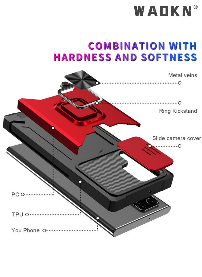 WAOKN - For Samsung Galaxy S24 Ultra Case with Card Holder,rojarou for Sumsung S24 Ultra Case with Slide Camera Cover and 360° Rotate Ring Kickstand Heavy Duty Protective Phone Case for S24 Ultra Cover-red - Image 1