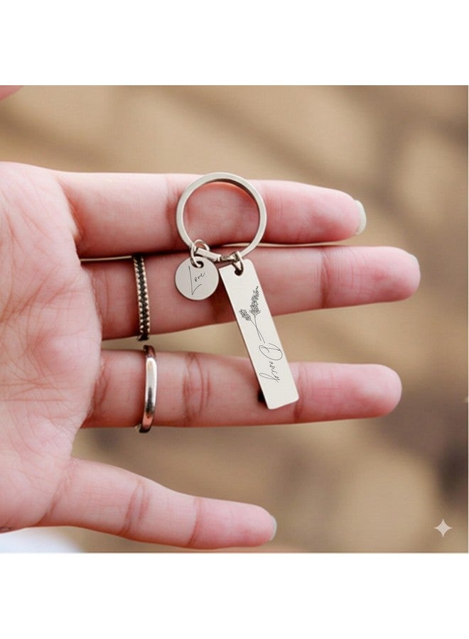 Pijera Personalized Double-Sided Stainless Steel Keychain, Custom Name and Birth Flower Engraving, Initial Charm, Silver - Image 3