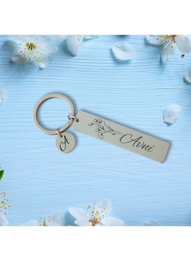 Pijera Personalized Double-Sided Stainless Steel Keychain, Custom Name and Birth Flower Engraving, Initial Charm, Silver - Image 2