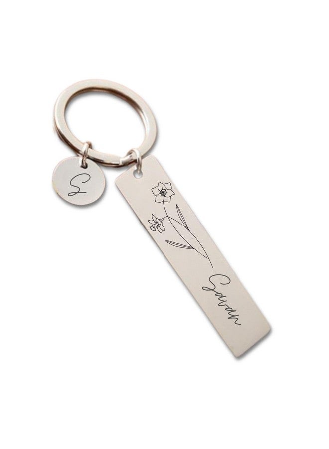 Pijera Personalized Double-Sided Stainless Steel Keychain, Custom Name and Birth Flower Engraving, Initial Charm, Silver - Image 1