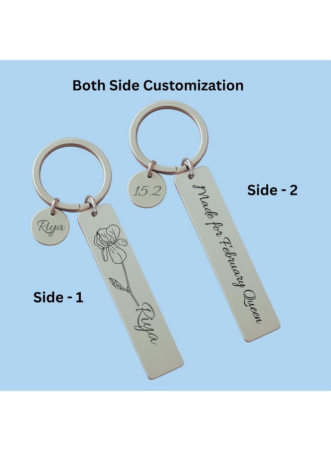 Pijera Personalized Double-Sided Stainless Steel Keychain, Custom Name and Birth Flower Engraving, Initial Charm, Silver - Image 4