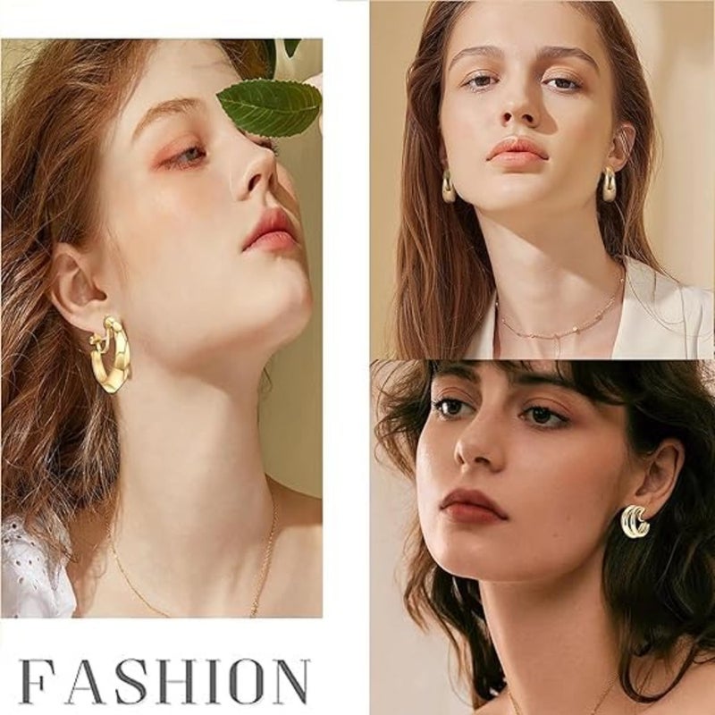 Gold Clip-On Hoop Earrings Set Trendy Chunky Twisted Rope Hoops, Adjustable Non-Pierced Earrings for Women, Fashion Jewelry in Rose, White and Yellow Gold, Fake Clip Eardrop 5 Pairs - Image 2