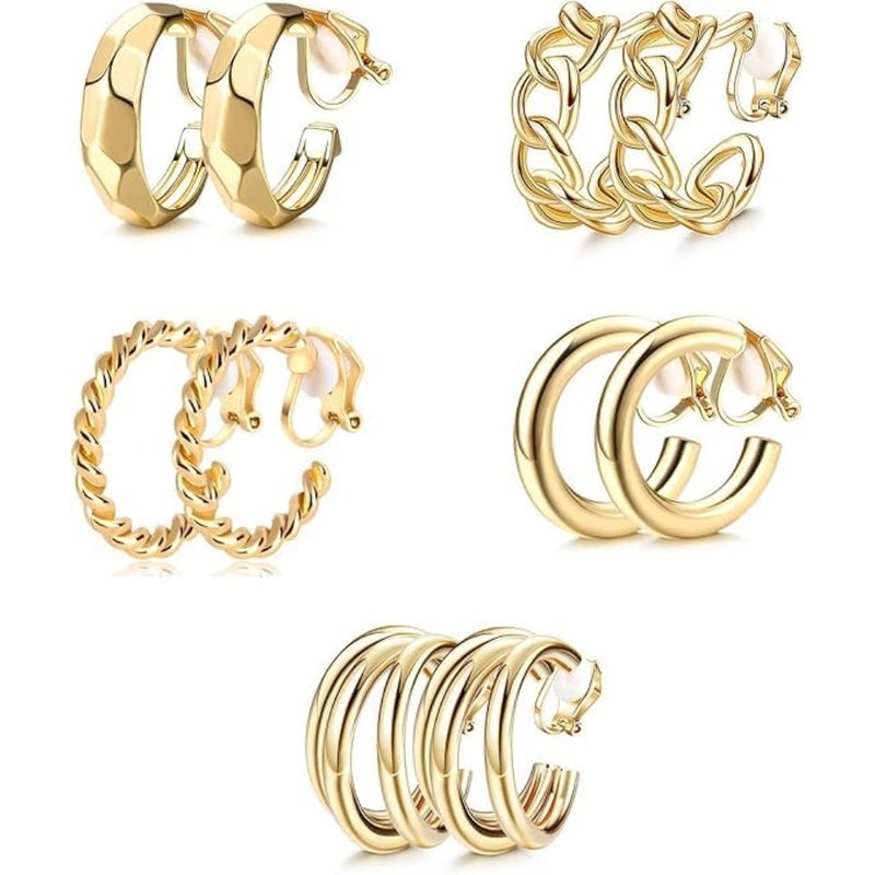 Gold Clip-On Hoop Earrings Set Trendy Chunky Twisted Rope Hoops, Adjustable Non-Pierced Earrings for Women, Fashion Jewelry in Rose, White and Yellow Gold, Fake Clip Eardrop 5 Pairs - Image 1