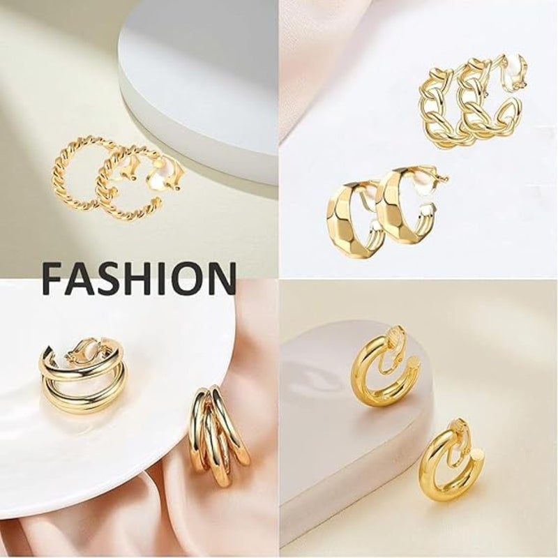 Gold Clip-On Hoop Earrings Set Trendy Chunky Twisted Rope Hoops, Adjustable Non-Pierced Earrings for Women, Fashion Jewelry in Rose, White and Yellow Gold, Fake Clip Eardrop 5 Pairs - Image 4