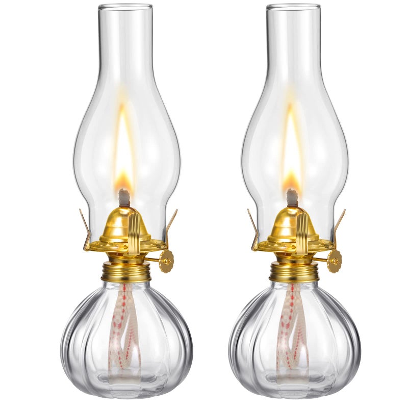 2 Pieces Chamber Oil Lamp Vintage Glass Clear Kerosene Lamp Indoor Decorative Hurricane Oil Lantern for Tabletop Decor and Emergency LightingRetro Style