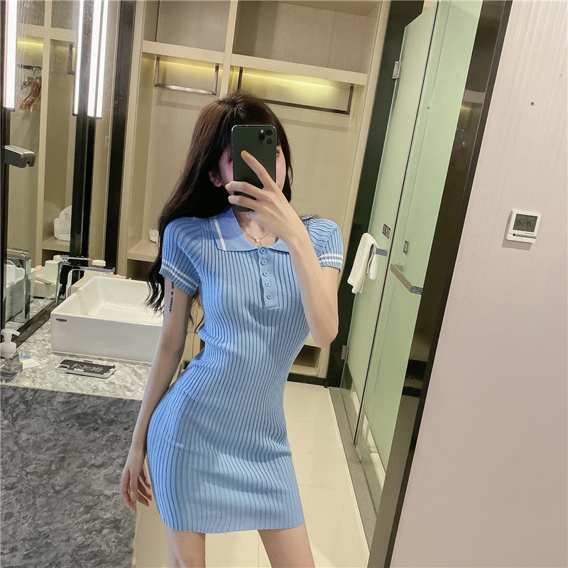 Summer New Solid Color Laps POLO Buckle Slim Fit Bag Hip Slimming Student Knitted Short-sleeved dress Women 28003 blue - Image 5